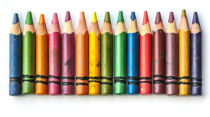 Colorful row of sharpened colored pencils on a white background