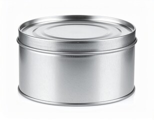 Simple silver tin a cylindrical container with a seamless lid sitting on top, isolated