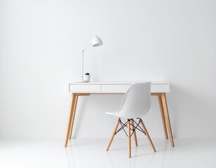 White desk and chair setting against a plain white backdrop for a minimalist aesthetic