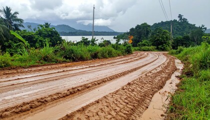Obraz premium Scenic Muddy Road Amidst Lush Greenery and Serene Lake View