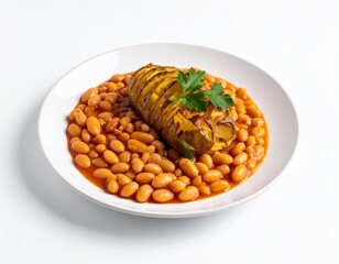 Potato with beans, garnished with parsley on a white plate