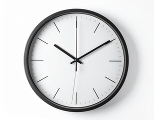 Round clock with black frame, white face, and black hands, isolated