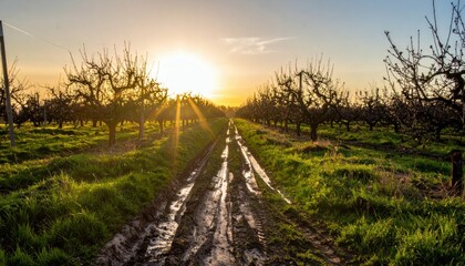 Fototapeta premium Sunrise over Orchard with Muddy Path and Vibrant Green Grass