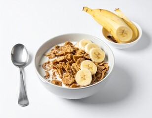 Cereal bowl Bran flakes, milk, banana slices in a white bowl, beside a spoon and cut banana