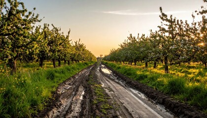 Scenic Orchard Pathway with Lush Green Trees at Sunrise
