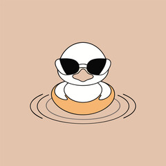 Cool duck with sunglasses floating on a swimming ring in water