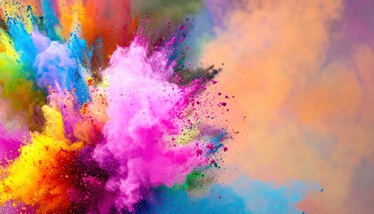Obraz premium A vibrant explosion of colored powder bursts into the air, creating a mesmerizing cloud of hues like pink, blue, yellow, and green, evoking joy and celebration.