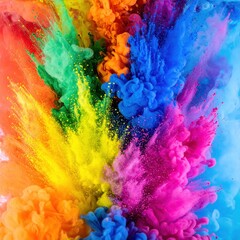 A vibrant explosion of colorful powder fills the background, creating a dynamic and energetic scene with swirling hues of pink, blue, yellow, and green.