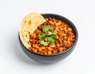 Bowl of beans, cilantro garnish, and tortillas on side; against a white background