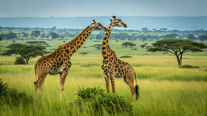 two majestic giraffes towering above lush vegetation