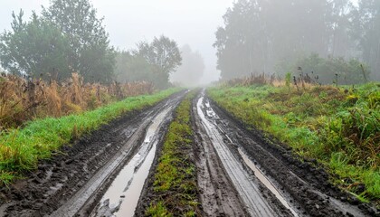 Foggy Rural Pathway Through Muddy Terrain and Overgrown Grass