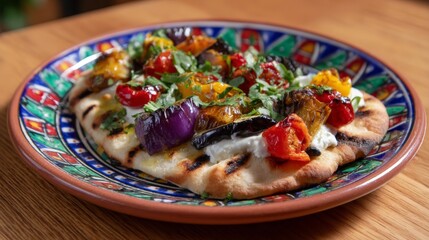 Colorful veggie-topped grilled flatbread with creamy tzatziki on patterned plate