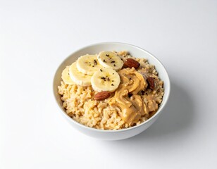 Oatmeal bowl with banana slices, nut butter, almonds, and seeds on a clean, white background