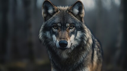 Intense gaze of a majestic wolf in the dusky woodland backdrop
