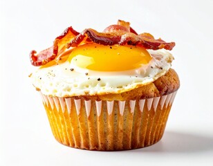 Savory cupcake topped with fried egg and bacon, against a white background