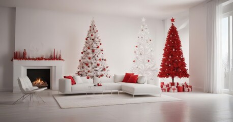 Sleek white living room, red & white minimalist Christmas tree , modern christmas, minimalistic, holiday