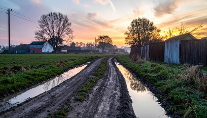Serene Country Road at Sunrise with Reflections on Puddles