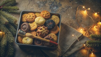 A festive assortment of cookies in a metal tin, nestled amongst string lights and evergreen branches, creating a cozy and inviting holiday scene.