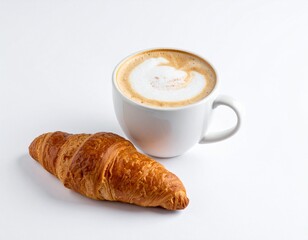Croissant and coffee Warm, baked croissant beside a coffee cup on a plain, bright background