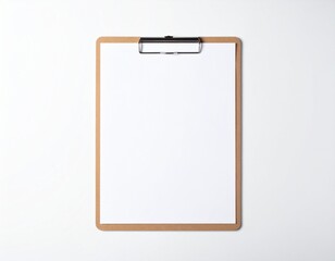 Clipboard Minimalist view of a blank white paper held by a wooden clipboard on a clean white background