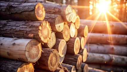 Sunlight illuminates a stack of wooden logs, revealing their warm, natural texture and the intricate grain patterns.
