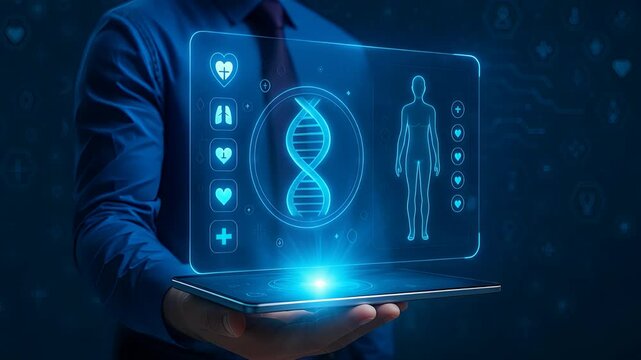 Digital DNA Strand Displayed on Futuristic Tablet with Human Body Health Icons and Medical Data Visualization

 - Powered by Adobe