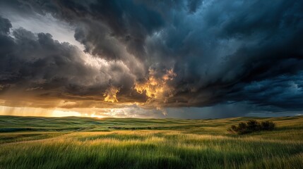 Storm clouds loom over prairie as golden light pierces through, nature's dramatic contrast unfolds