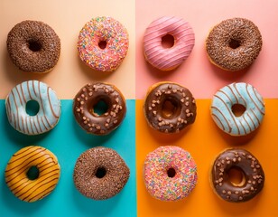 rows of colorful donuts arranged on geometric pastel background creative dessert display with chocolate sprinkles and glaze variations