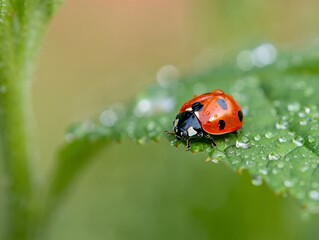 Obraz premium Ladybug on a Dew-Kissed Leaf
