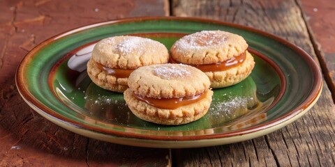 Sweet, golden-brown cookies filled with caramel and dusted with powdered sugar on a green plate