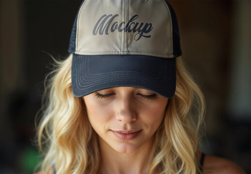 Realistic Trucker Hat Mockup on Blonde Woman &ndash; Front View