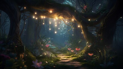 Enchanted Forest Path with Night Lights.