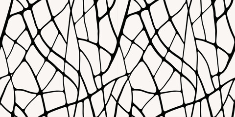 Seamless abstract pattern, minimalist graphic print with drawing of smooth intersecting lines. Abstract design in two colors, hand drawn ink spider web. Vector illustration.