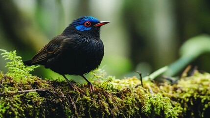 Blue-vented bird perched on mossy branch in rainforest