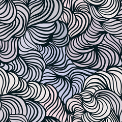 Abstract seamless pattern with hand drawn swirls and waves. Graphic surface design, stylized print with wavy pattern of curved lines, decorative ocean waves. Vector illustration.
