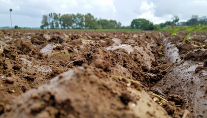 Plowed Soil Under Cloudy Sky in Agricultural Landscape Scene