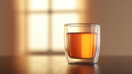Glass of amber liquid on a wooden table with soft, warm background light illuminating the space