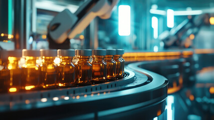 Pharmaceutical production line; amber vials move on conveyor, robotic arm involved