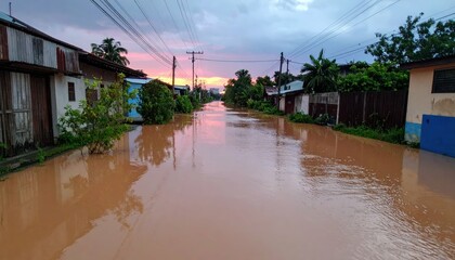 Obraz premium Flooded Street Scene After Heavy Rainfall at Sunset in Urban Area