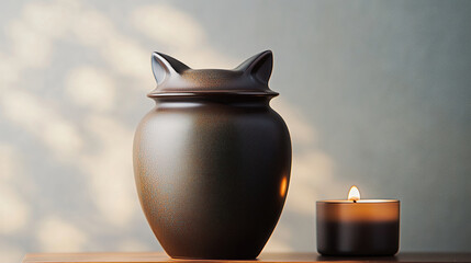 A ceramic urn with cat-ear design beside a lit candle on wooden surface