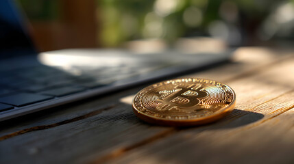 Bitcoin Golden Coin on Wooden Desk Near Laptop Cryptocurrency Investment Technology
