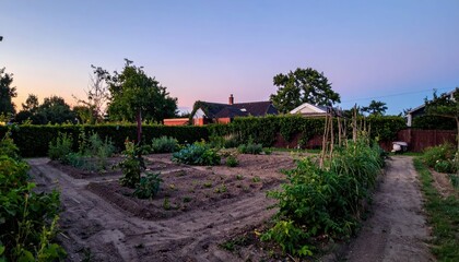 Beautiful Vegetable Garden at Dusk with Colorful Sky and Trees