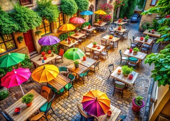 Fototapeta premium Charming European Street Cafe Summer Watercolor, Cozy City Eatery, Outdoor Seating, Umbrellas, Chairs