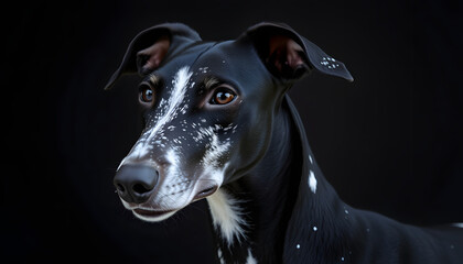 A striking portrait of a sleek black greyhound adorned with delicate white snowflake markings.. with white shades