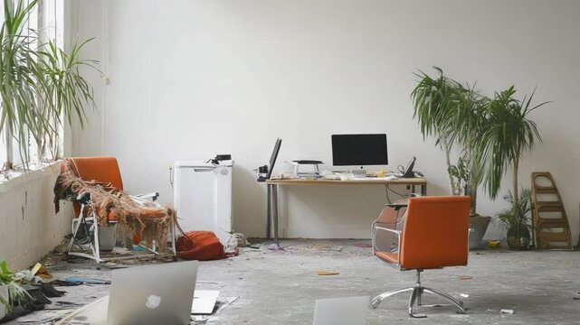 A cluttered office space with scattered papers and indoor plants, showcasing a chaotic work environment.