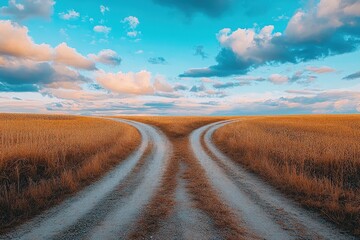 Naklejka premium Winding Dirt Path Through Golden Fields Under a Dramatic Sky at Sunset