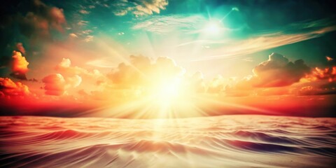 A vibrant sunrise paints the sky with streaks of orange, red, and yellow, casting a warm glow over a vast expanse of sand dunes.