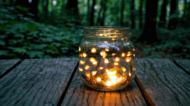 Glowing Fireflies Illuminating a Glass Jar at Night