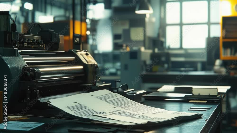 Poster a machine sitting on a table in an office setting, possibly used for work or study