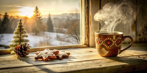 A Cup of Warmth on a Snowy Winter Day, With a View of a Sun-Kissed Forest Through the Window, Adorned with Festive Decor